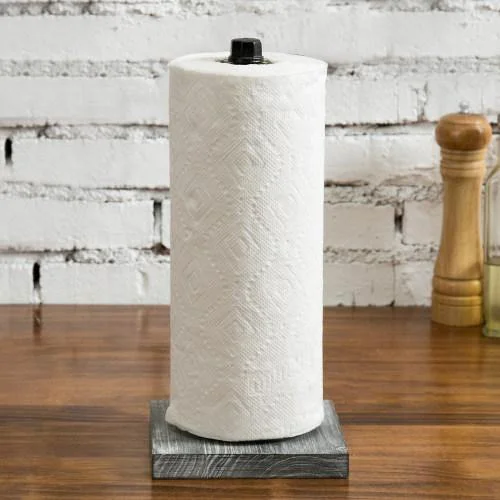 Paper Towel Roll Holder with Rustic Gray Wood Base and Industrial Pipe Design