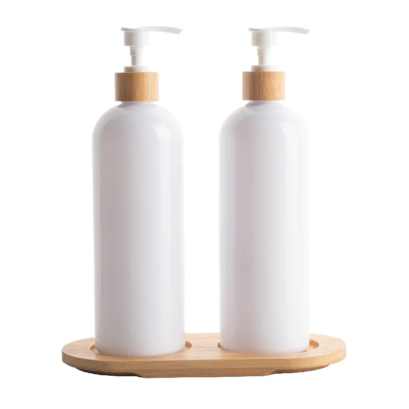 White Plastic Pump Bottles with Bamboo Tray - 500ml