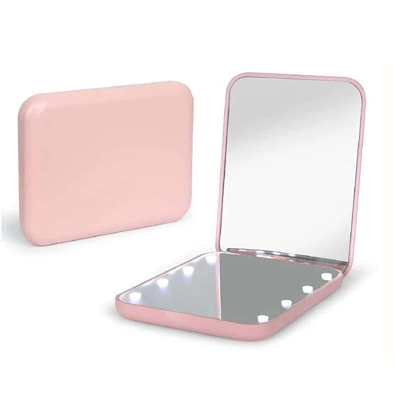 Pocket Mirror LED Compact Travel 2 Sided Makeup Mirror with Light, Pink