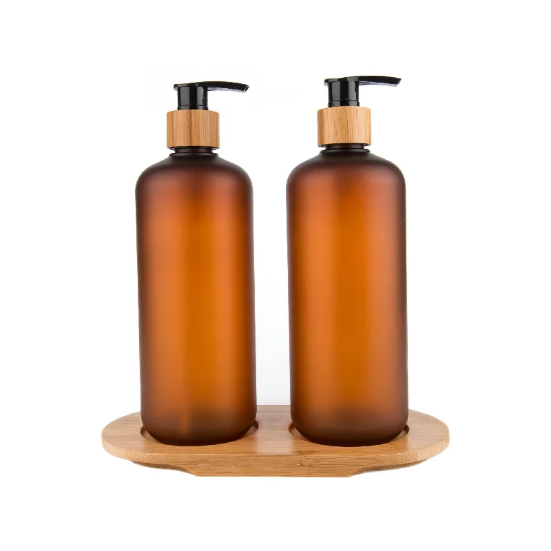 Brown Plastic Pump Bottles with Bamboo Tray - 500ml