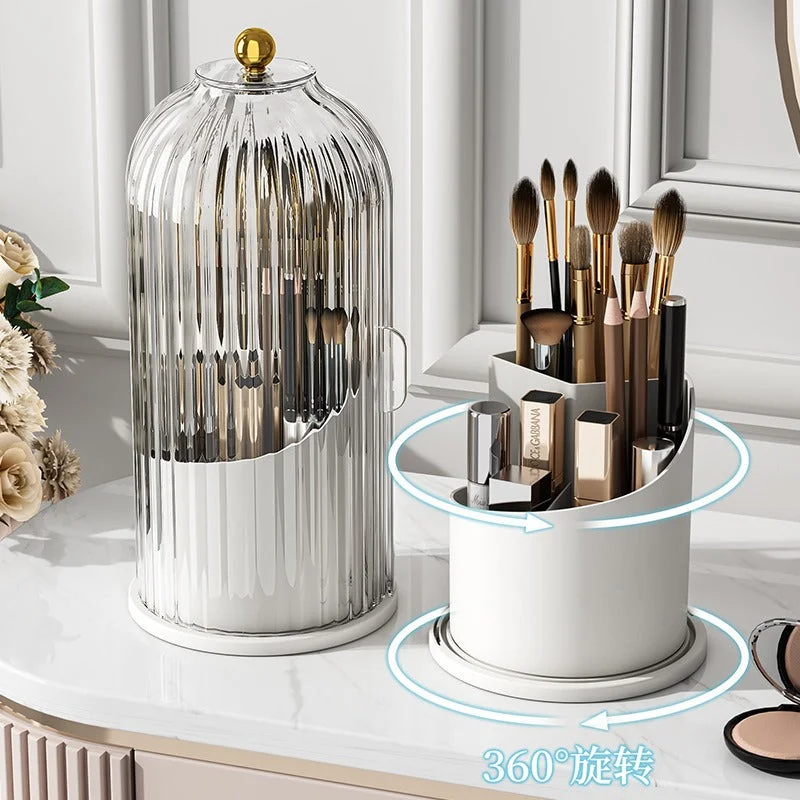 Rotating Birdcage Pen Holder Multi-Compartment Desk Organizer & Makeup Box (Transparent White)