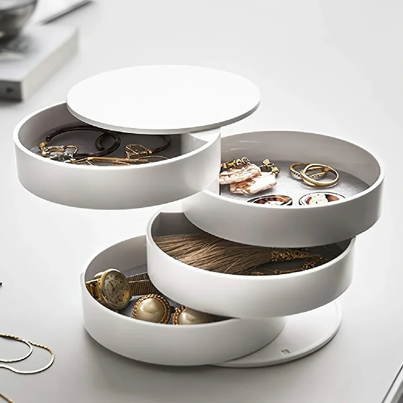 Rotating Multi-Layer Jewelry Box with Dustproof Lid (White)