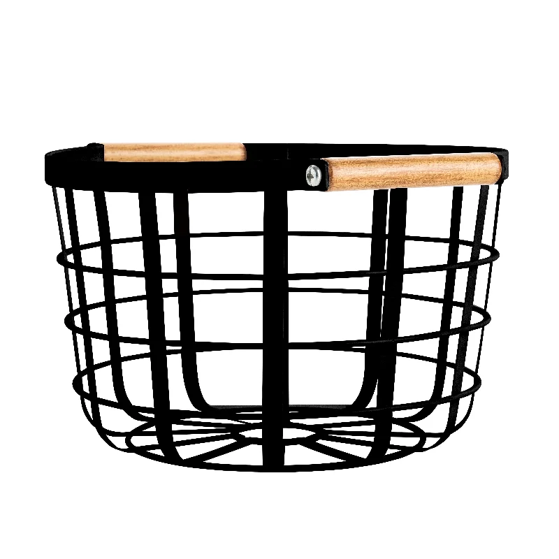 Black Round Storage Basket with Bamboo Handle