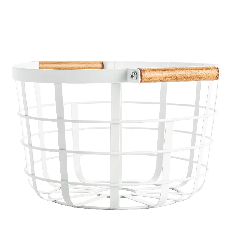 White Round Storage Basket with Bamboo Handle