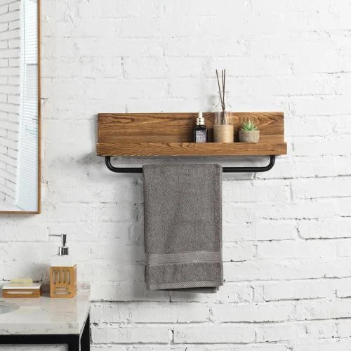 Rustic Burnt Wood & Metal Pipe Shelf with Towel Rack