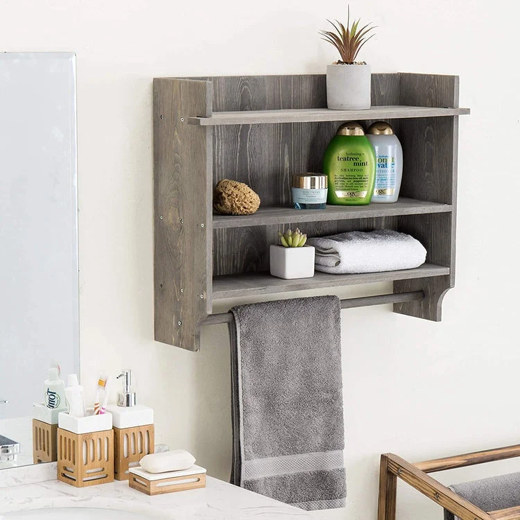 Rustic Gray Wood 3-Tier Bathroom Organizer Shelf with Towel Bar