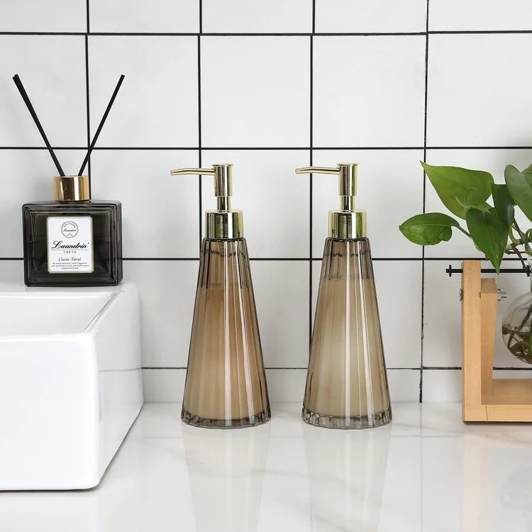 Set of 2, Smoked Glass and Brass Liquid Soap or Lotion Pump Dispenser with Vertical Ribbed Design