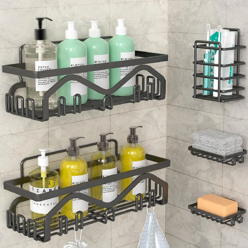 Shower Shelves Adhesive Shower Organize, 5 Pack Shower Caddy No Drilling Stainless Steel Bathroom Shower Organizer, Black