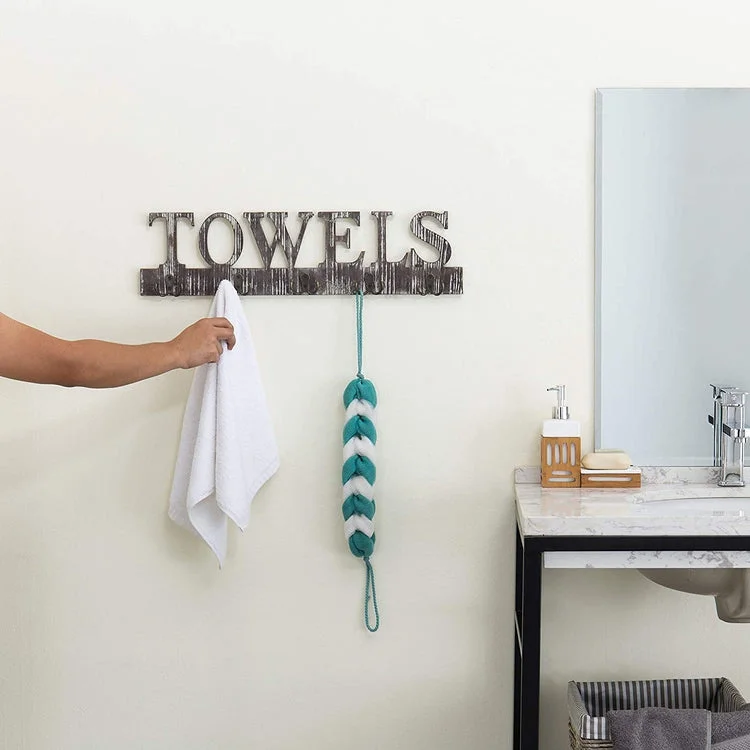 Torched Wood 5 Dual-Hook Towel Hanging Rack with Cutout Letters