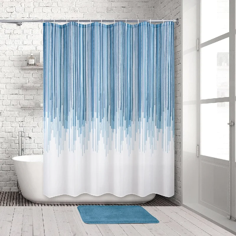 Variegated Top Stripe Blue 14-Piece Bath Set -Shower Curtain, Rug & Hooks - multi