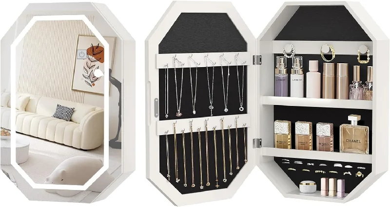 VECELO LED Jewelry Cabinet, Wall/Hanging Mount Jewelry Organizer with Frameless Lighted Mirror