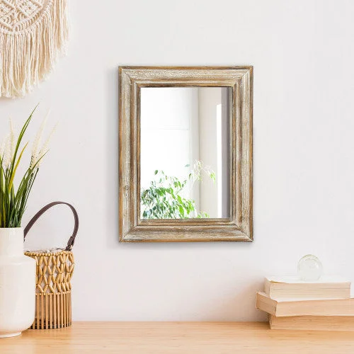 Vintage Whitewashed Brown Wooden Wall Mirror