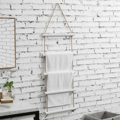 Wall Hanging Whitewashed Wood & Rope Towel Ladder