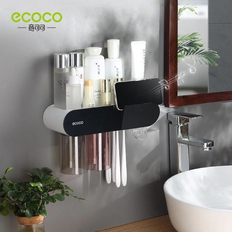 Magnetic Transparent 2 Cups+Toothpaste Squeezer [Classic Black]