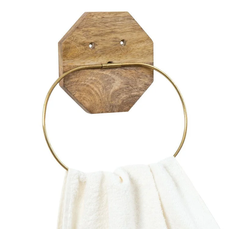 Wall Mounted Brass Oval Wire Towel Ring with Mango Wood Backing, Towel Holder for Kitchen