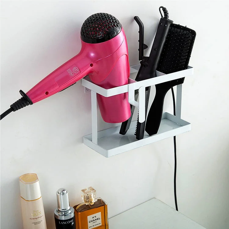 White Metal Wall Mounted Hair Accessory Organizer Caddy, Countertop Blow Dryer and Flat Iron Holder