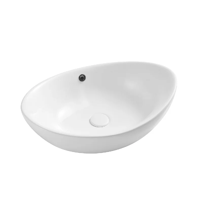 White Oval Bathroom Vessel Sink with Ceramic Drain And Overflow - 23.43 in. width