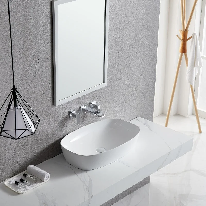 White Oval Bathroom Vessel Sink with Ceramic Drain Stopper - 23.62 in. width