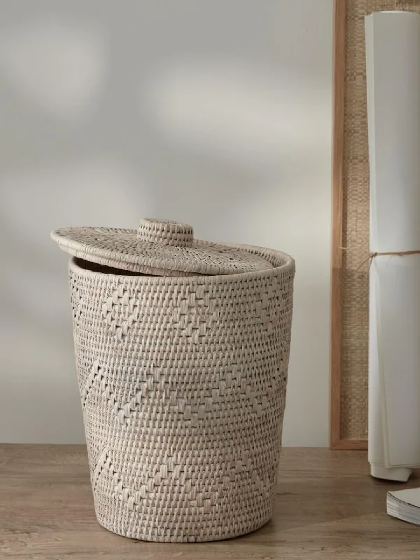 Lavan White Rattan Lidded Waste Paper Basket