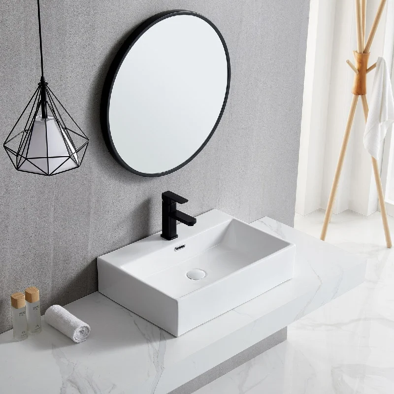 White Rectangle Bathroom Vessel Sink with Ceramic Drain And Overflow - 23.62 in. width