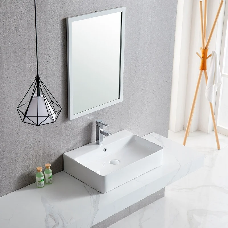 White Rectangle Bathroom Vessel Sink with Ceramic Drain And Overflow - 23.62 in. width