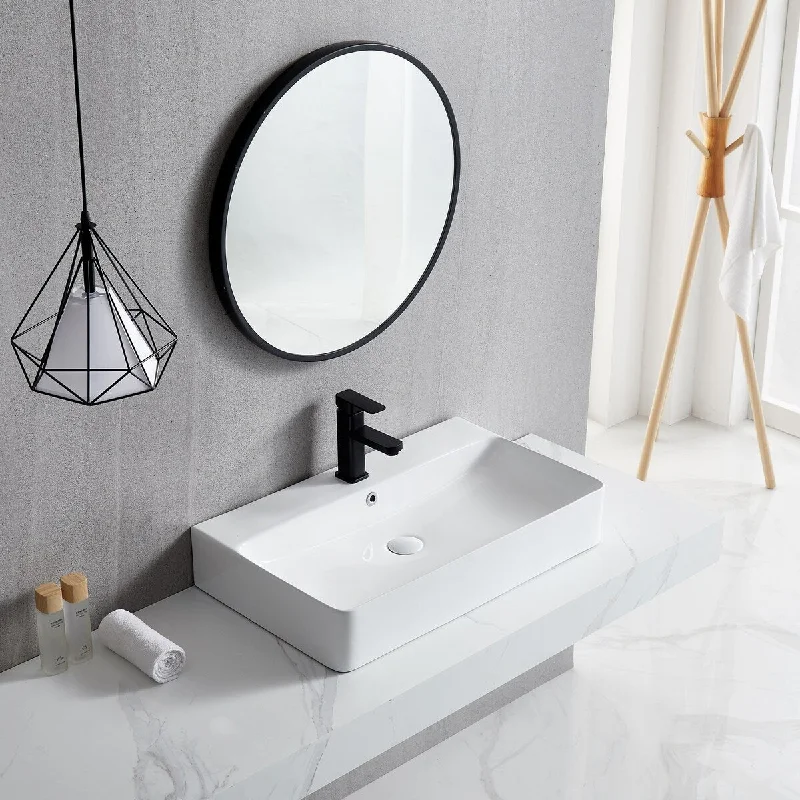 White Rectangle Bathroom Vessel Sink with Ceramic Drain And Overflow - 27.95 in. width