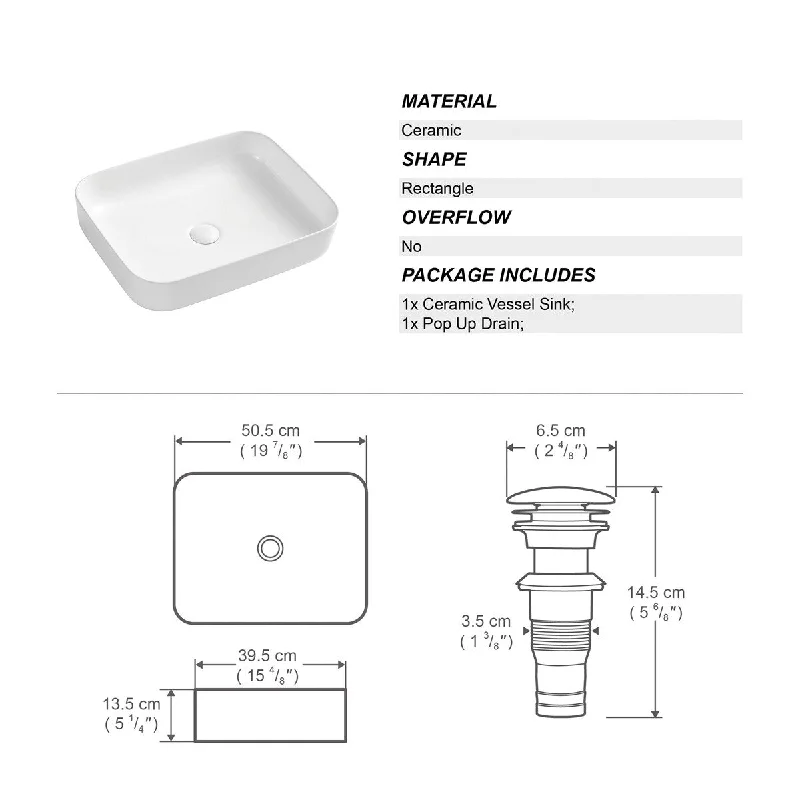 White Rectangle Bathroom Vessel Sink with Ceramic Drain Stopper - 19.88 in. width