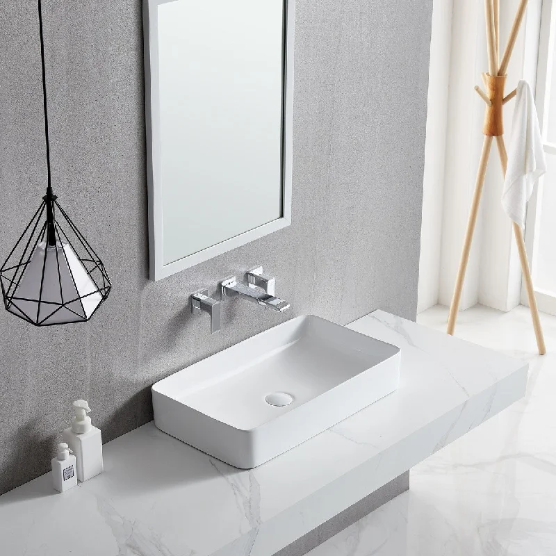 White Rectangle Bathroom Vessel Sink with Ceramic Drain Stopper - 24.02 in. width