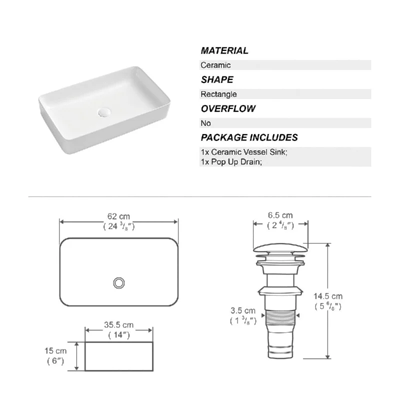 White Rectangle Bathroom Vessel Sink with Ceramic Drain Stopper - 24.41 in. width