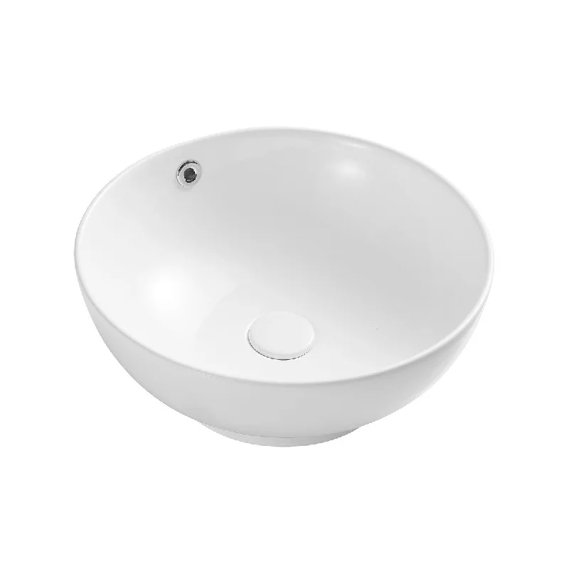 White Round Bathroom Vessel Sink with Ceramic Drain And Overflow - 16.93 in. width