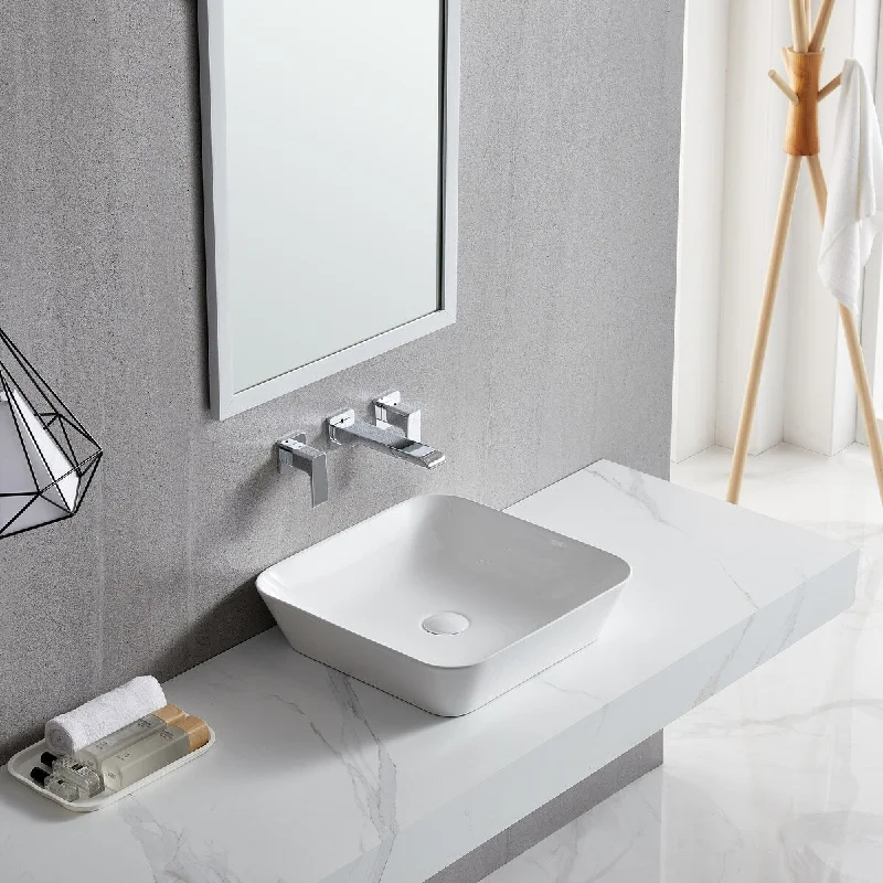 White Square Bathroom Vessel Sink with Ceramic Drain Stopper - 17.13 in. width