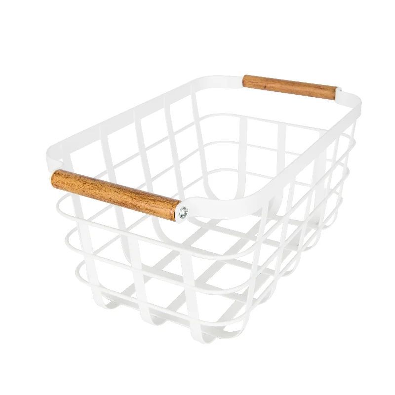 White Storage Basket with Bamboo Handle