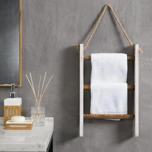 Whitewashed and Burnt Brown Wood Hanging Hand Towel Ladder