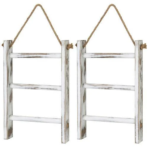 Hanging Whitewashed Wood Hand Towel Ladder, Set of 2