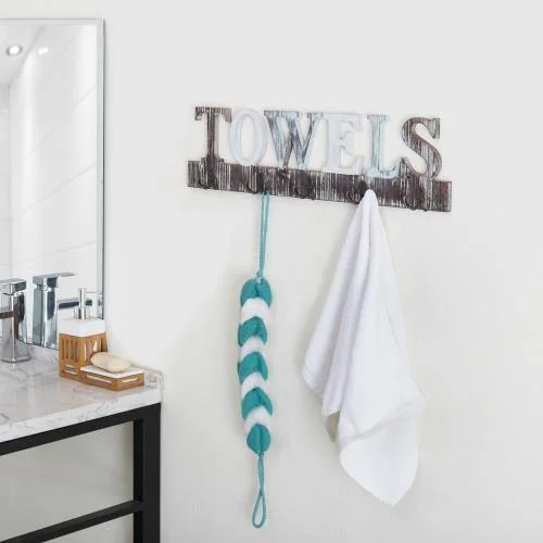 Rustic Wood Towel Hanging Rack with Cutout Letters